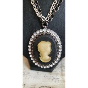 Pendant Necklace - Goth Cameo with Thick Chains - Whimsygoth - Statement Piece